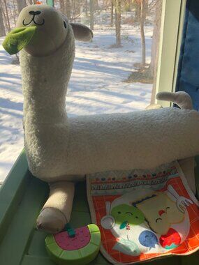 Llama Stuffy w/bib & teething toys; Clean; Lightly Used; Babies/Toddlers